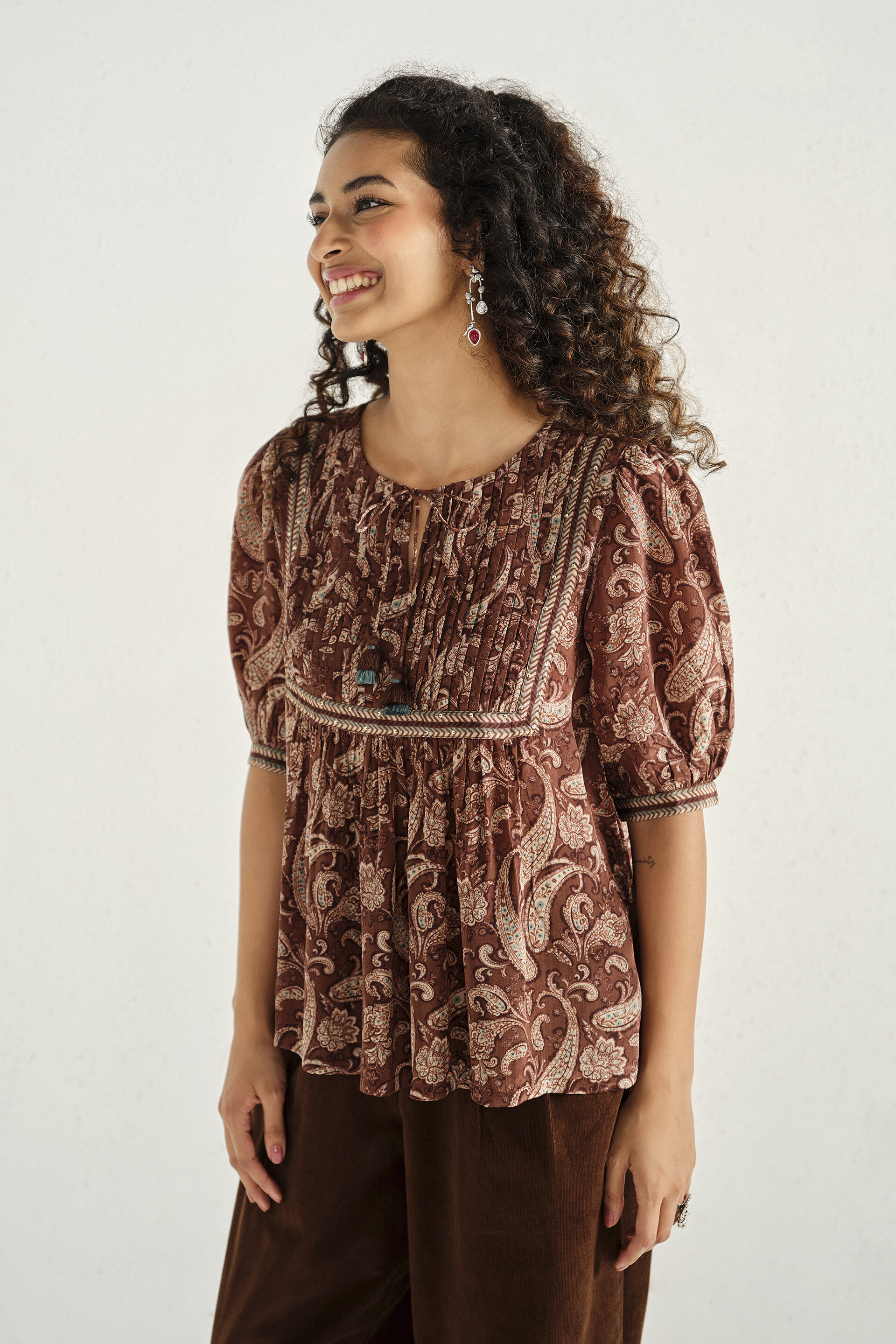 Printed Peasant Top in Brown, Brown, image 5